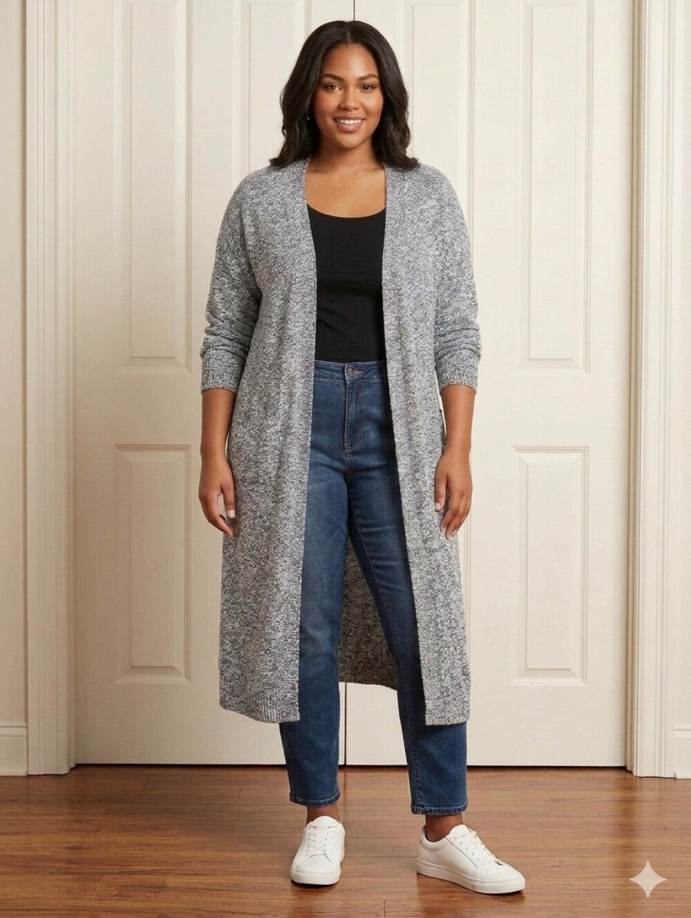 Lane Bryant Open-Front Long Duster Cardigan - 22W / 24W Black, Gray & White